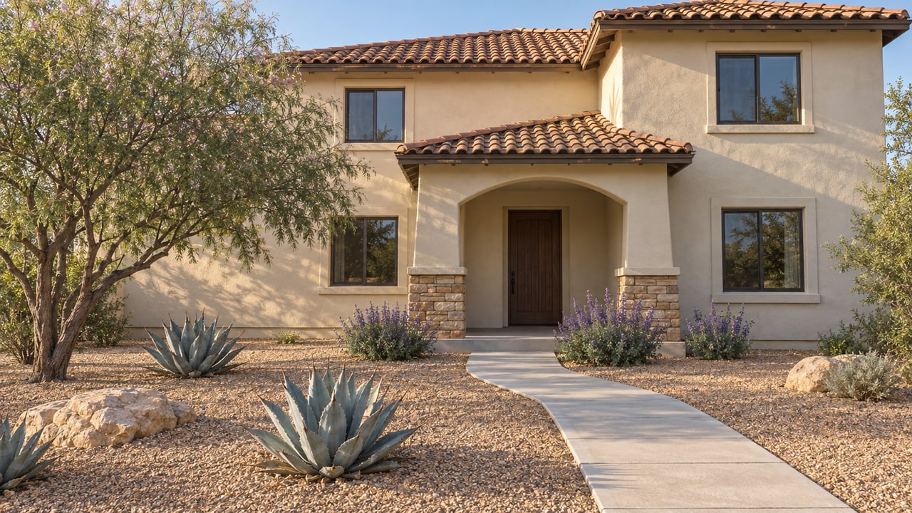 Cream stucco home with a clay tile roof, shaded arched entry, and a spacious gravel garden planted with desert willow and agaves.