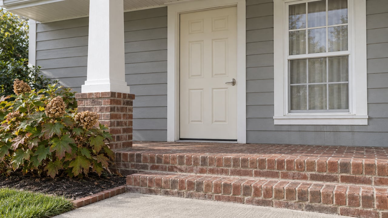 Covered home entry with a cream door, gray siding, red-brown brick steps and an oakleaf hydrangea.