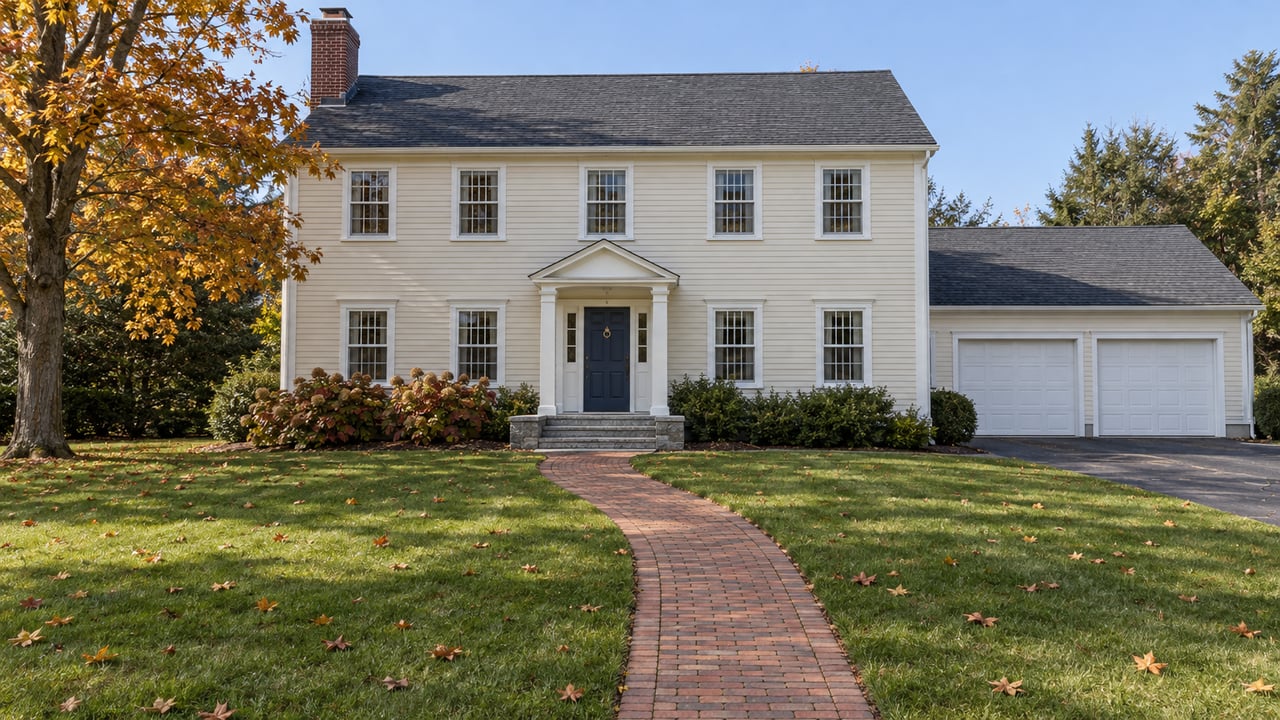 Cream clapboard home with a navy front door, brick approach, broad autumn lawn, and a mature maple beside the house.