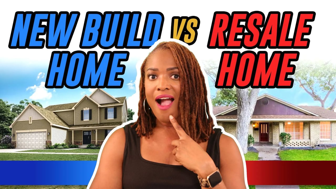 New Build vs Resale Home comparison with a woman between two house exteriors.