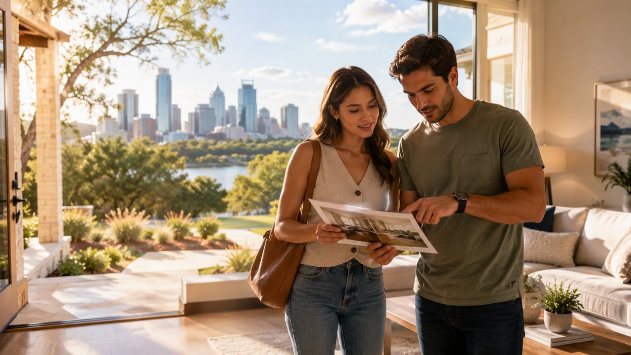 Austin TX neighborhood street in summer with homes for sale — buying a home in Austin summer market guide by Maria Aguirre
