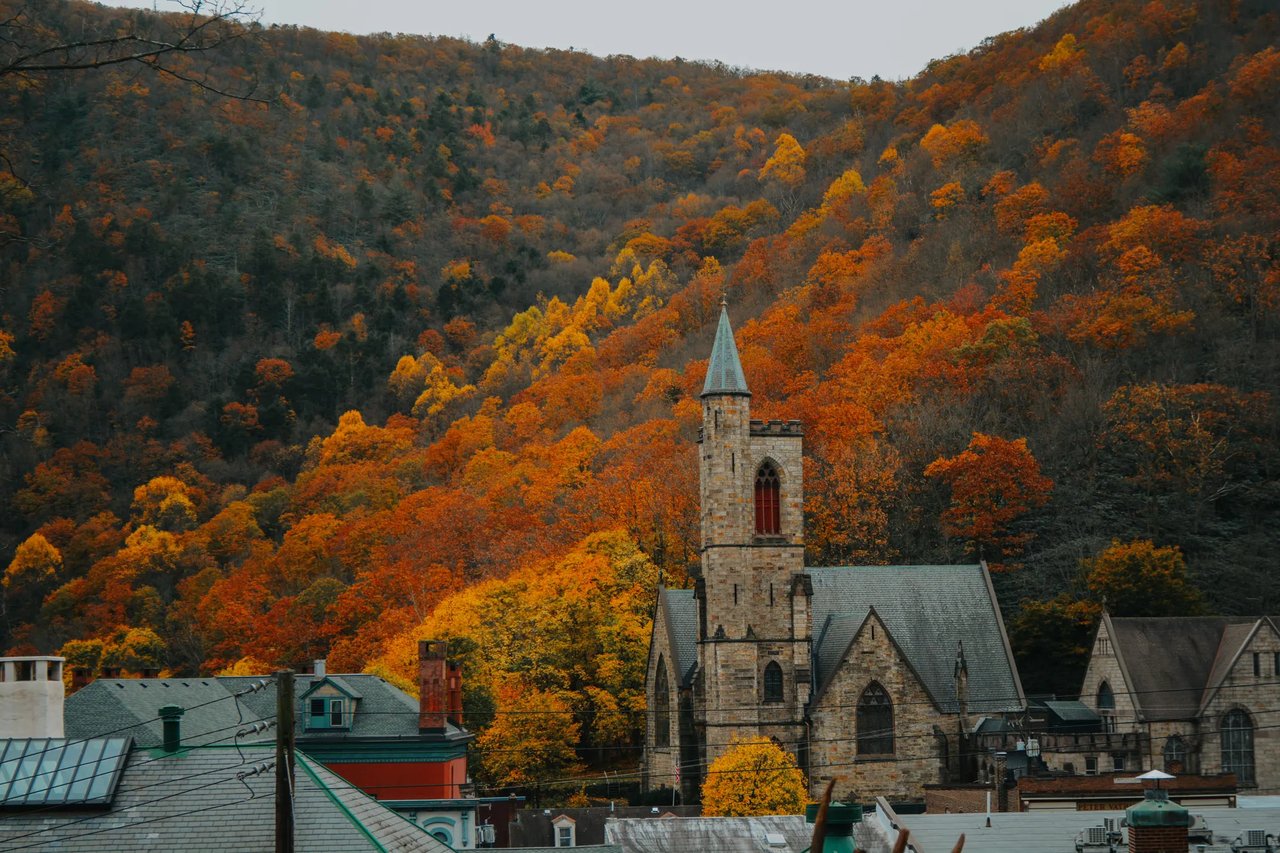 Jim Thorpe town with colorful fall leaves, a cozy weekend escape near the Main Line.