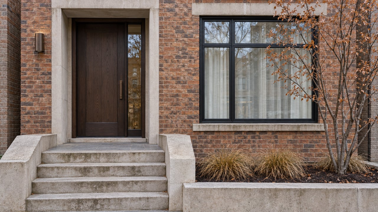 Warm brick townhome entrance with limestone steps, a black-framed window and copper-leaved serviceberry in a raised stone bed.