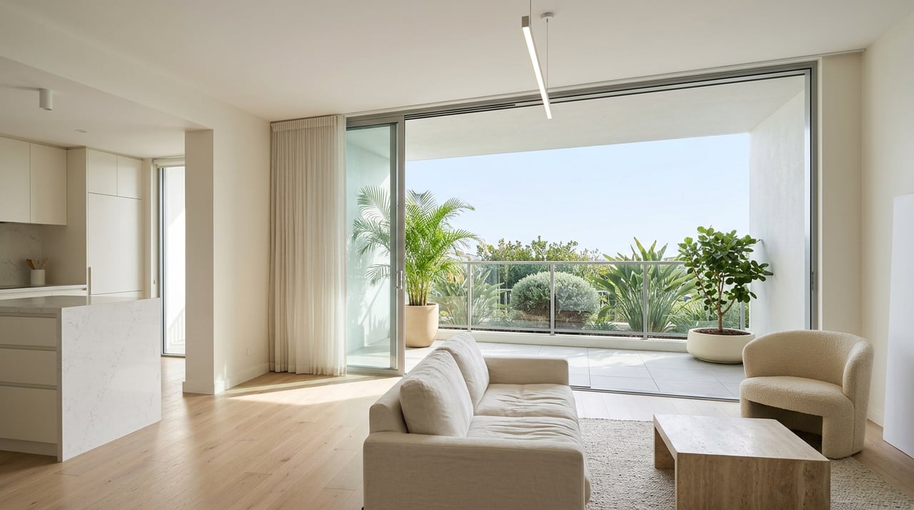 Condo living room opening onto a terrace through sliding glass doors.