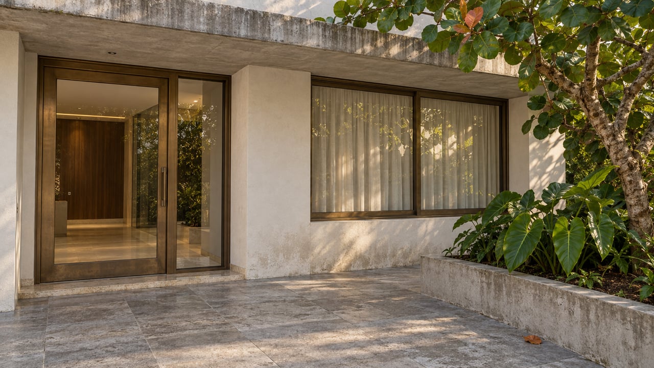Morning light grazes a concrete condominium canopy above a bronze-framed glass entrance, limestone forecourt, and raised tropical planting bed.