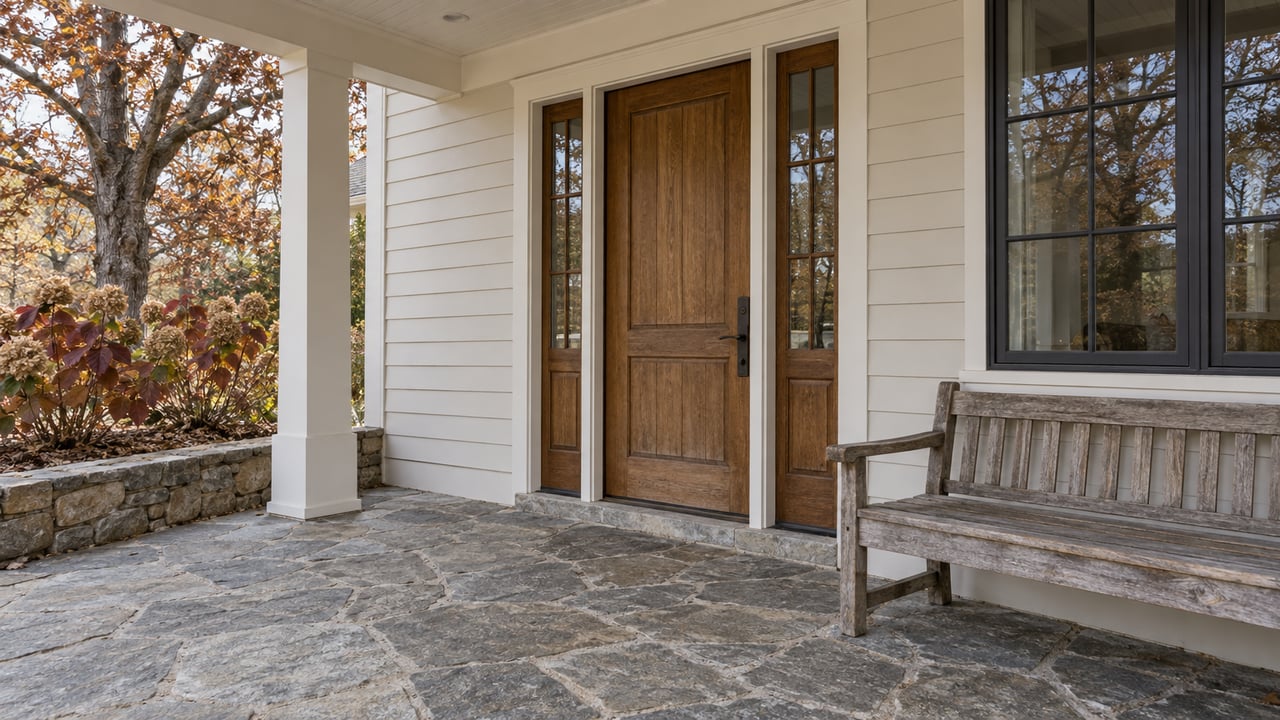 Covered porch with an oak front door, paired sidelights, gray stone paving and burgundy autumn foliage.