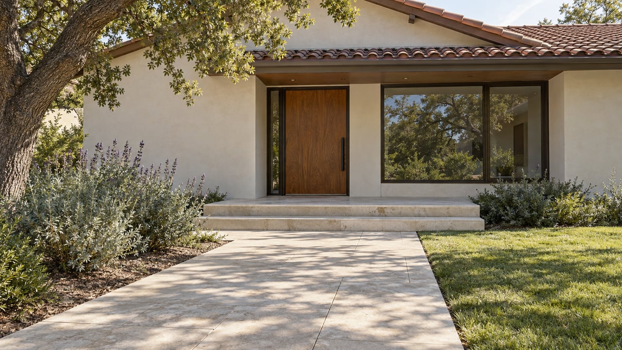 Cream stucco home with a warm tiled roof, oak entrance door, bronze-framed window, and limestone approach beside an oak and flowering sage bed.