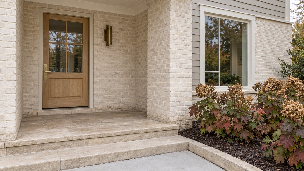 Covered entry with an oak-and-glass door, ivory brick, limestone steps and oakleaf hydrangeas with autumn leaves.