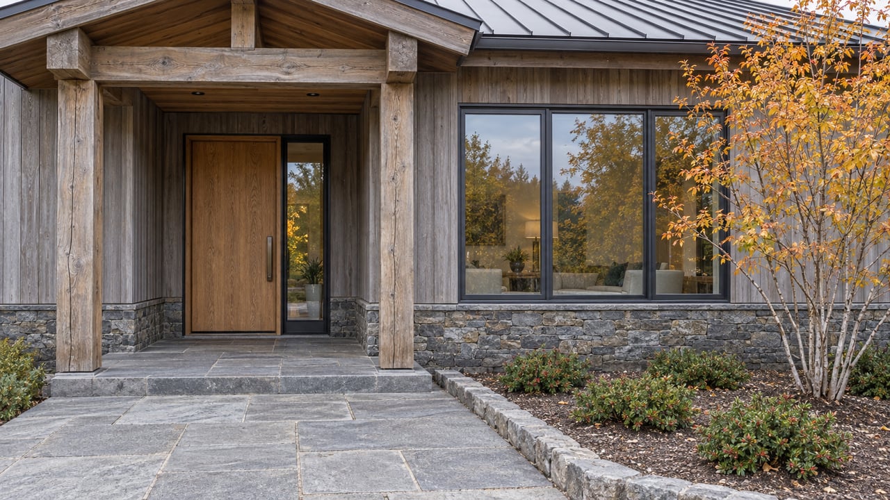 Timber-clad home entry with a stone base, bronze door hardware and autumn foliage beside a large window.