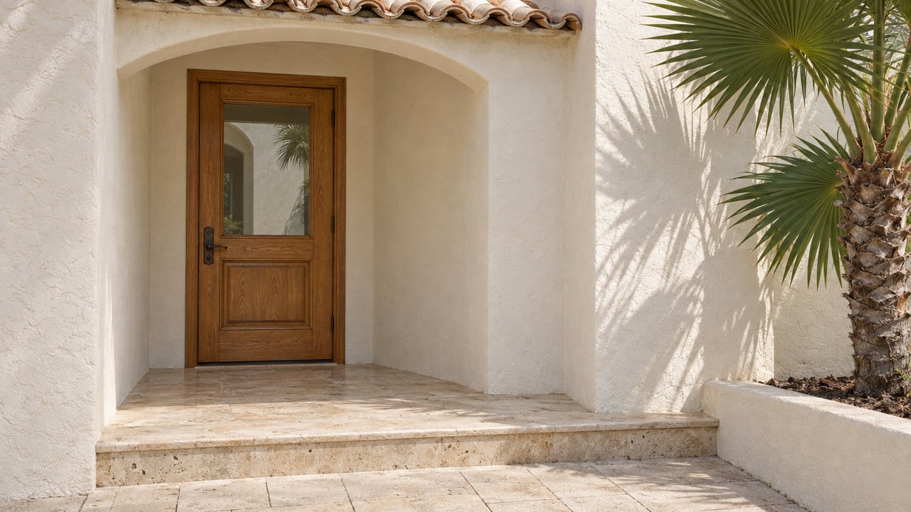 Sunlit cream stucco entrance with a recessed oak and glass door, travertine steps, pale terracotta roof tiles and a single fan palm.