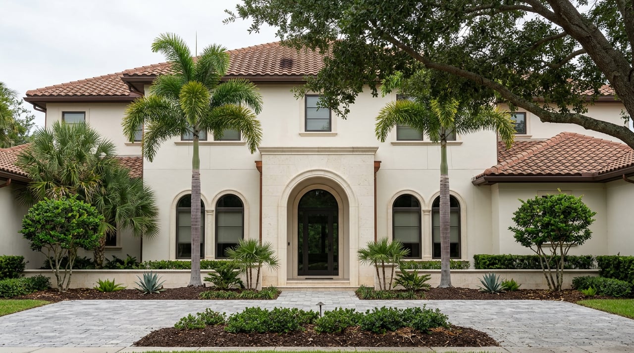 Mediterranean estate facade with a centered arched entry, terracotta roof, palm trees, and stone motor court.