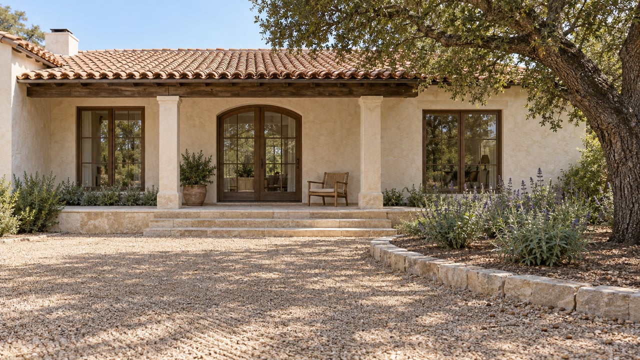 Warm stucco home with a clay-tile veranda, limestone terrace, and mature oak shading a dry gravel garden.