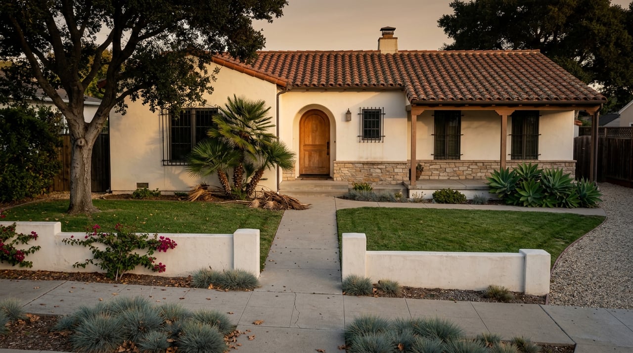 Coastal stucco home with terracotta roof, arched wood door, and oak-shaded lawn beside a cracked walkway.