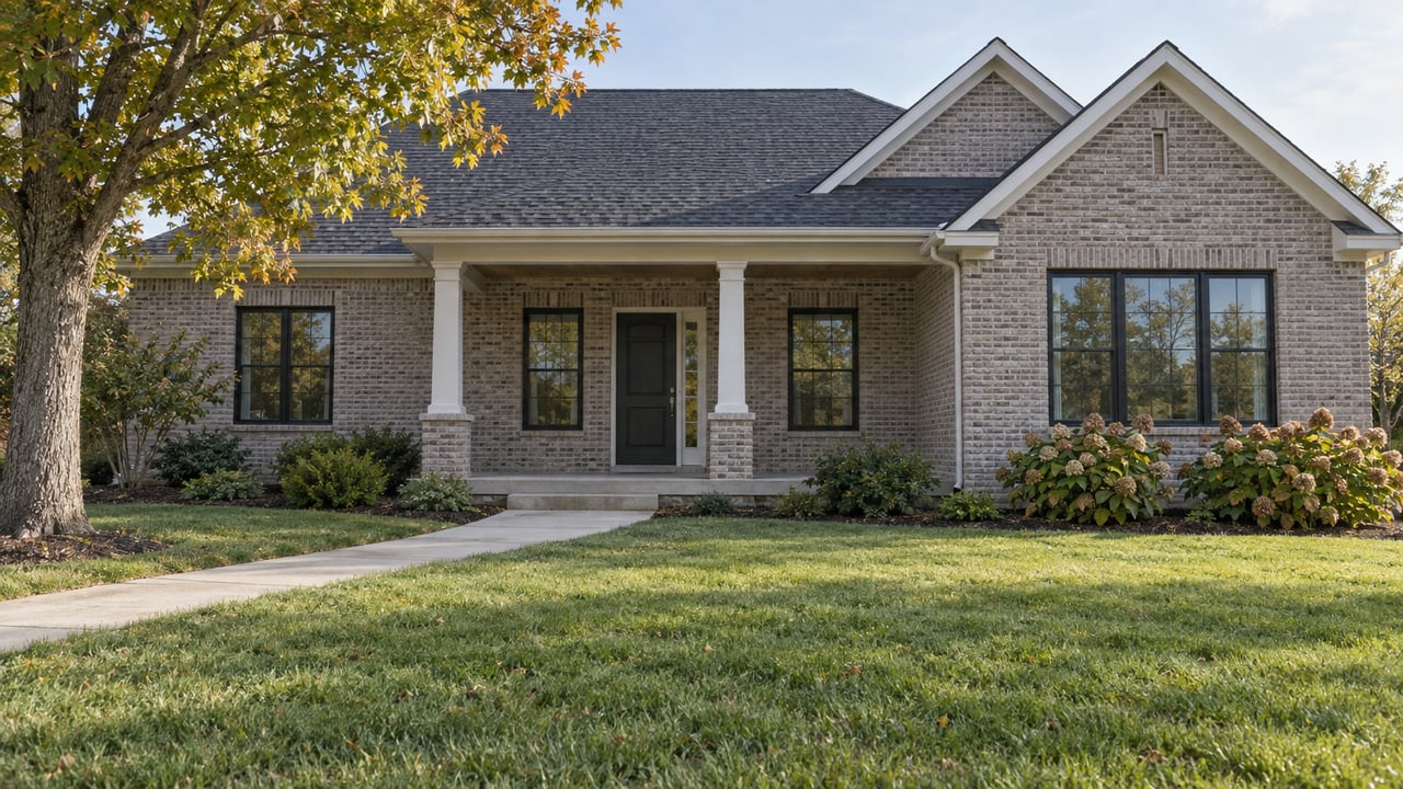 A brick home with white porch columns and charcoal gables beyond a broad lawn, with a turning maple and oakleaf hydrangeas.