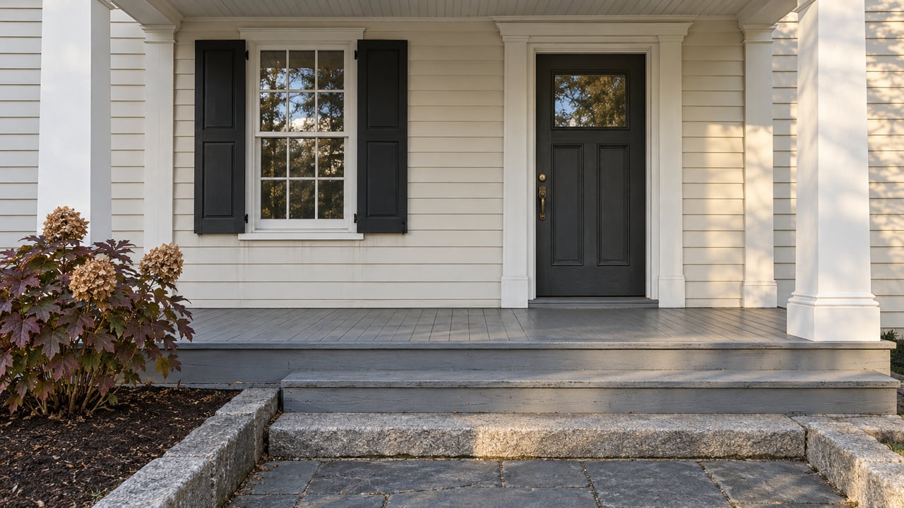 Ivory clapboard home with a deep white-columned porch, charcoal front door, paired black shutters, worn gray steps and a bluestone approach beside an oakleaf hydrangea.