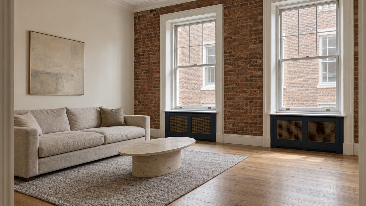 Sunlit apartment living room with exposed brick, tall white sash windows, oak floors, navy radiator cabinets and a linen sofa.