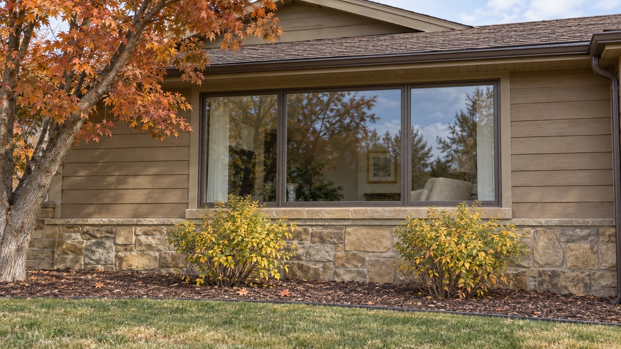 Tan wood-sided home with bronze-framed windows, sandstone foundation and copper-colored maple foliage in soft autumn daylight.