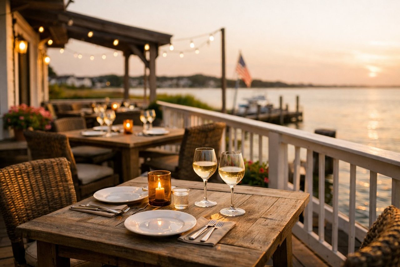 waterfront dining on a deck overlooking Peconic Bay in Aquebogue