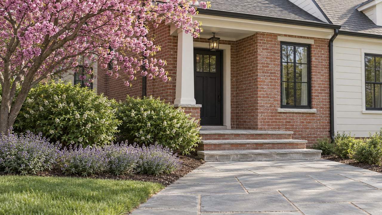 Detached house with a red-brick entry bay, ivory lap siding, and a bluestone walk through planted beds.