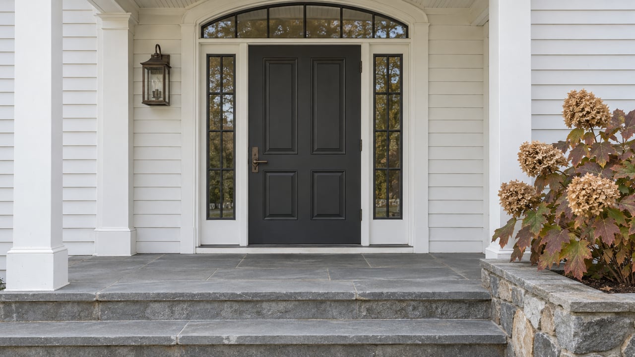 White clapboard entrance with a charcoal paneled door, arched transom, bluestone steps and autumn oakleaf hydrangea.