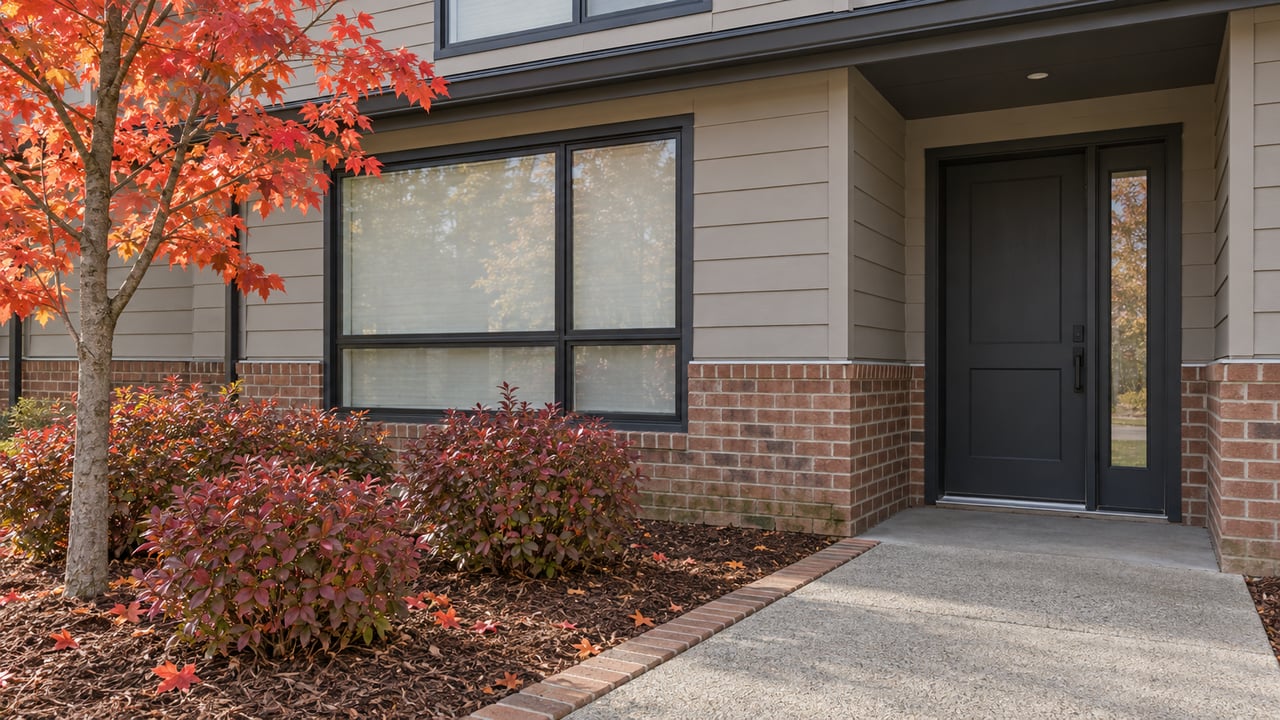 Contemporary attached-home entry with gray lap siding, brick base, dark-framed windows and red autumn planting beside a concrete walk.
