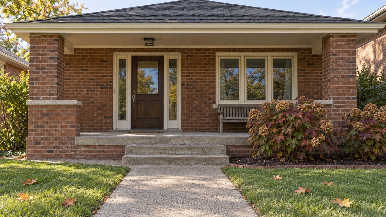 Red brick home with a covered porch, front walkway, and autumn foliage.