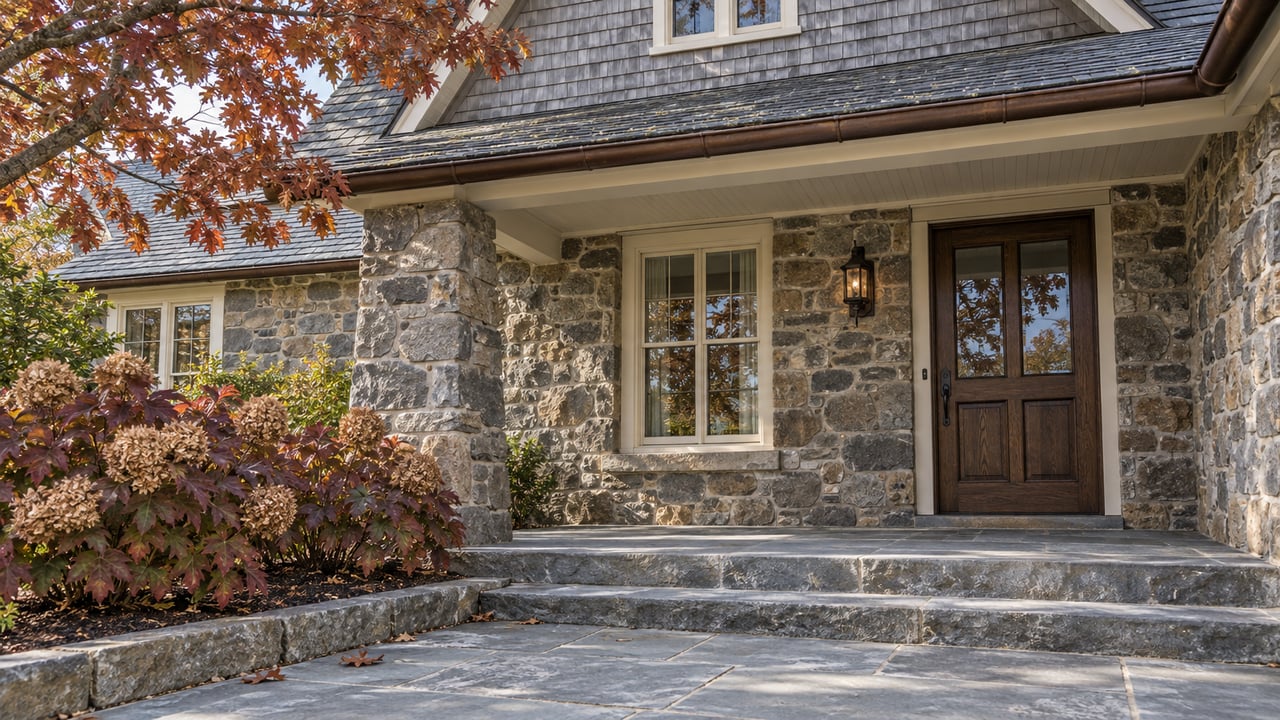 Stone and cedar-shingle home entrance with bluestone steps, an oak door, and russet autumn foliage.