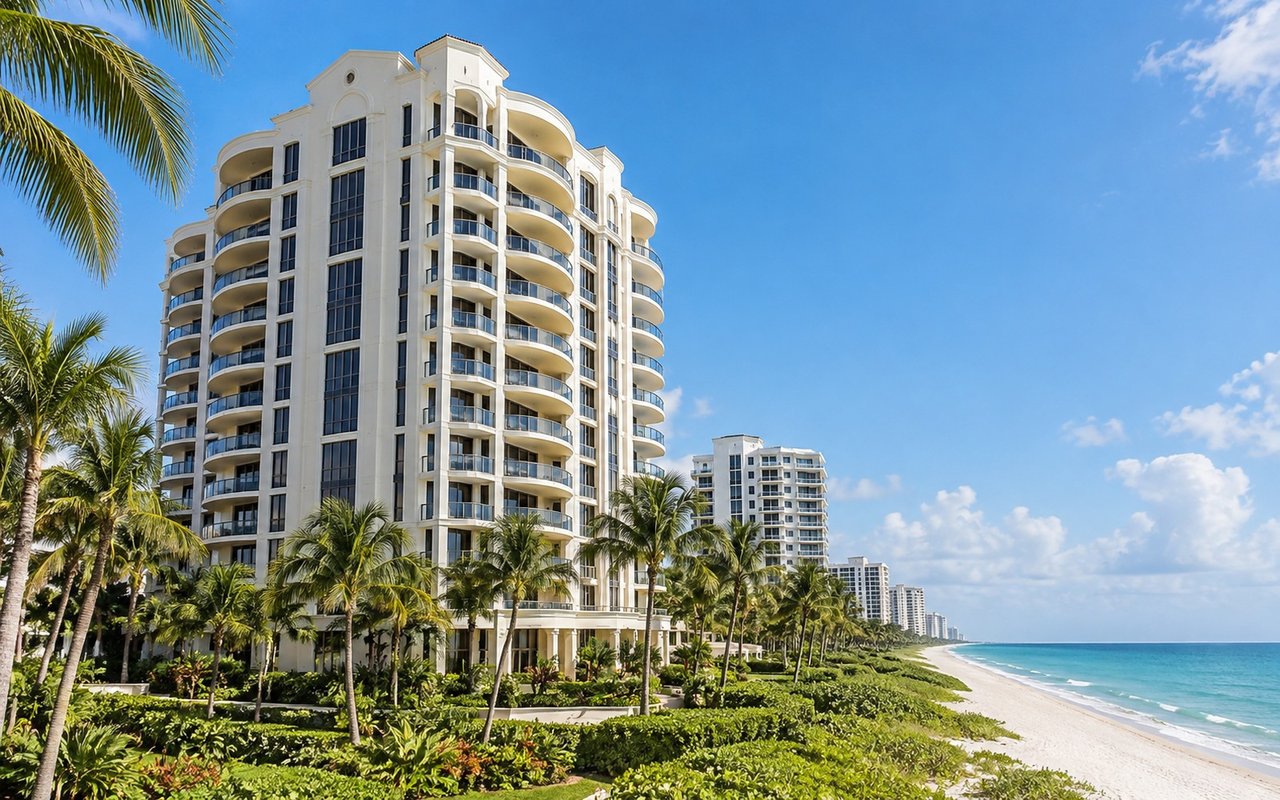 Oceanfront condominium towers with curved balconies, palm trees, and a long sandy beach.