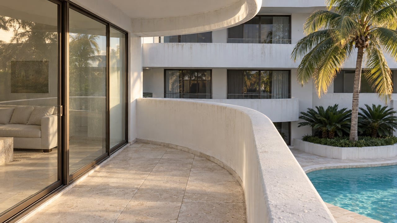 Early daylight on a curved white condominium terrace with bronze-framed glass doors and a turquoise pool below.