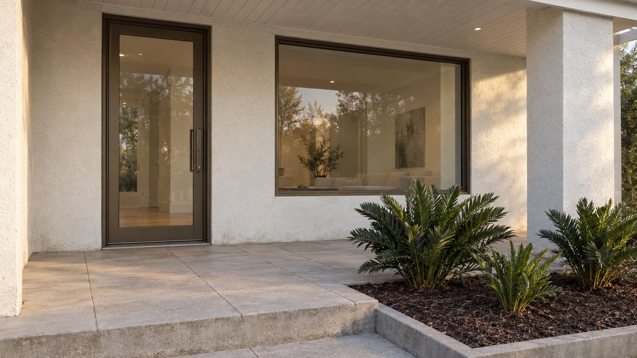 Covered entry of a warm-white home with bronze-framed glass, pale concrete paving, and three coontie plants beside the porch.