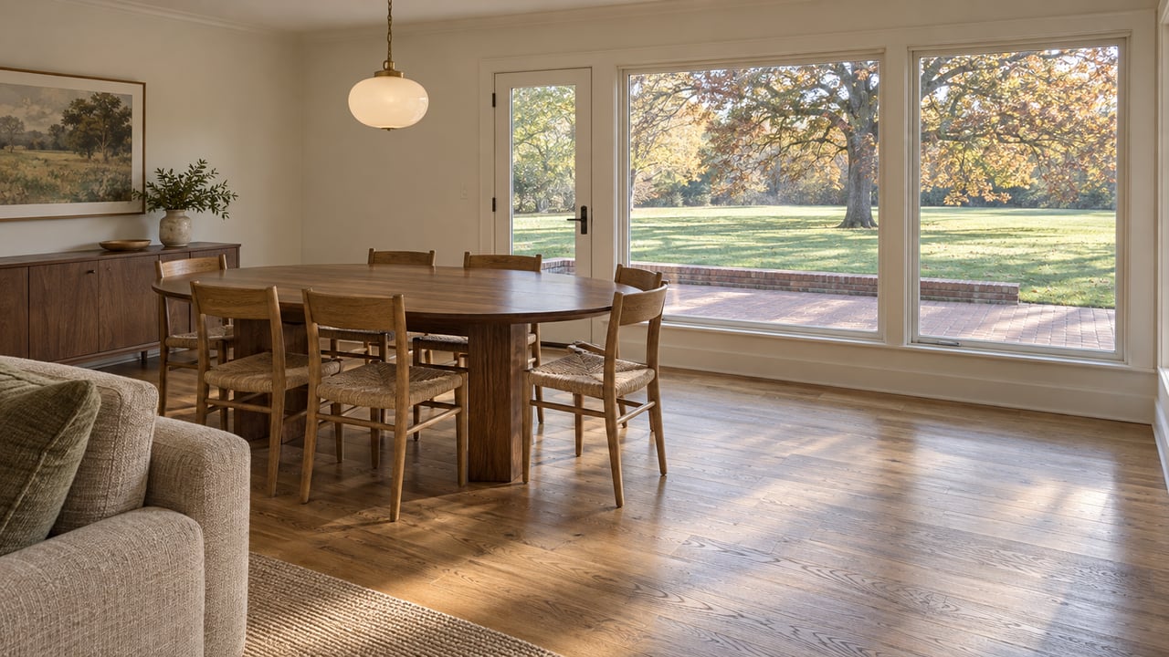 Sunlit living and dining room with oak floors, a walnut table, brass pendant and windows looking onto an autumn lawn.