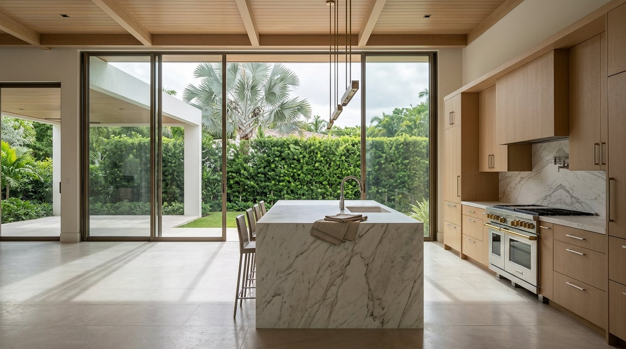 Open-plan kitchen with a marble island, white oak cabinetry, and floor-to-ceiling glass overlooking a hedge and palm.