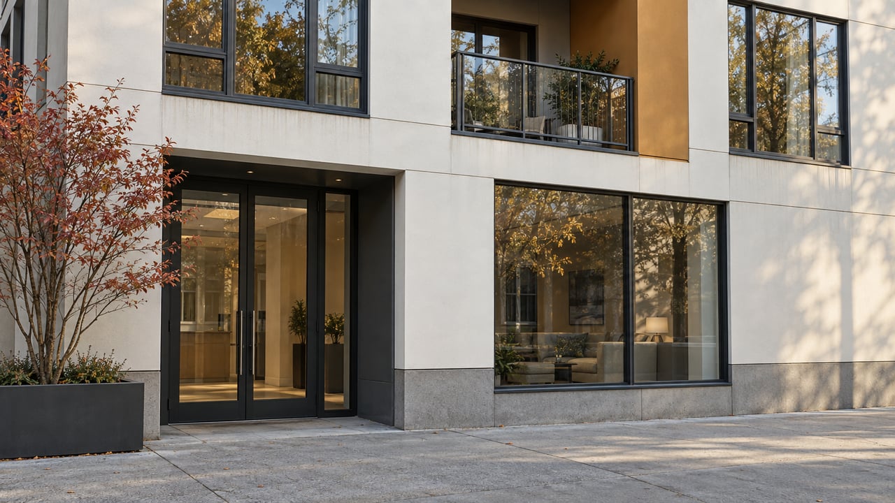 Contemporary three-story facade with a recessed glass entry, inset balcony, and copper-red leaves in a raised planter.