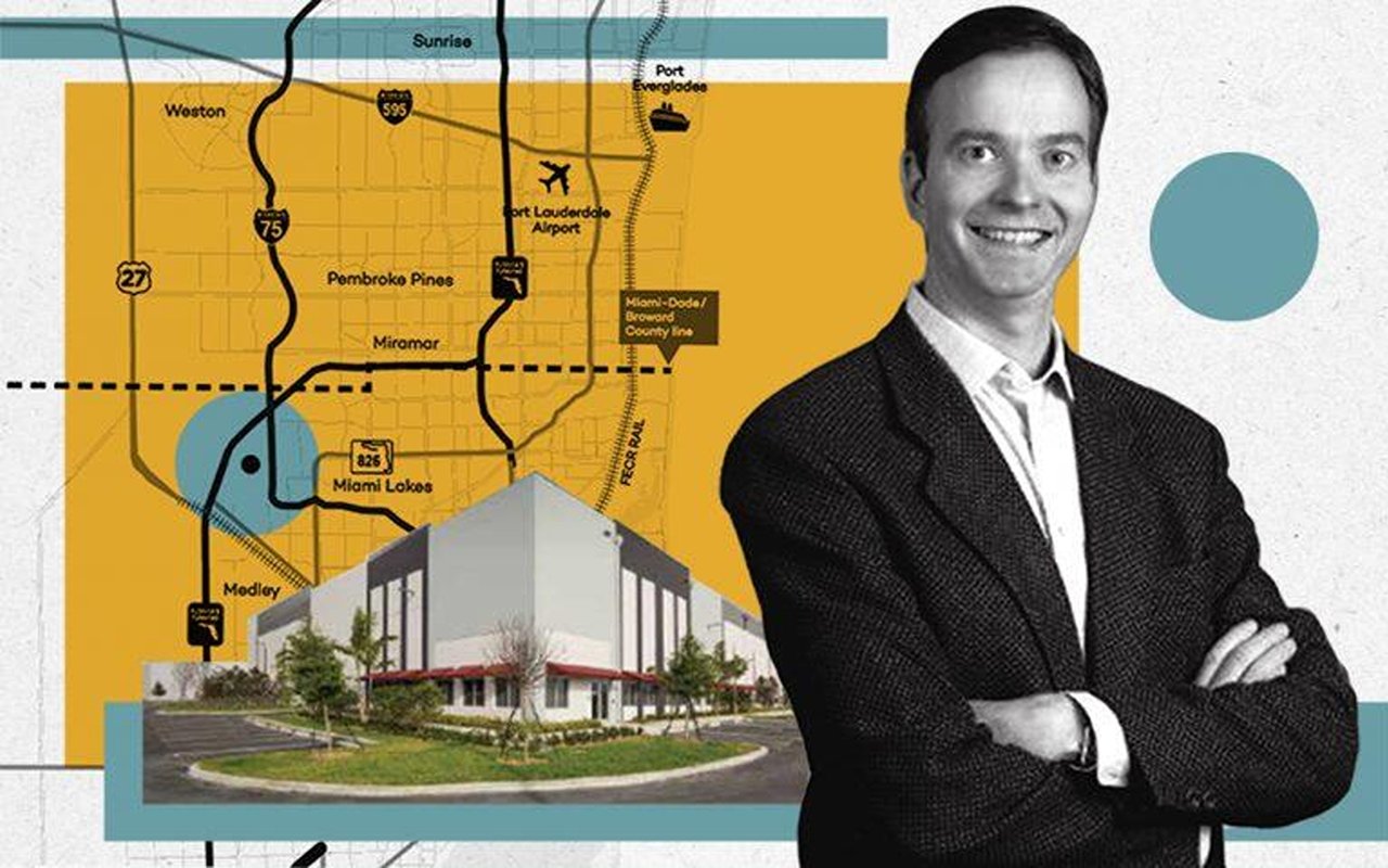 Graphic showing a South Florida map, an industrial building, and a man in a suit.