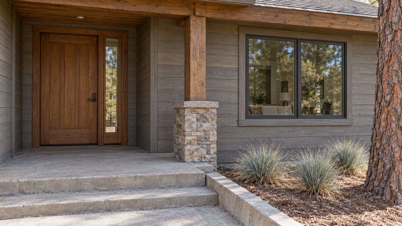 Close view of a timber-sided home's shaded entry, glazed window, stone porch support and concrete steps beside native bunchgrass and a pine trunk.