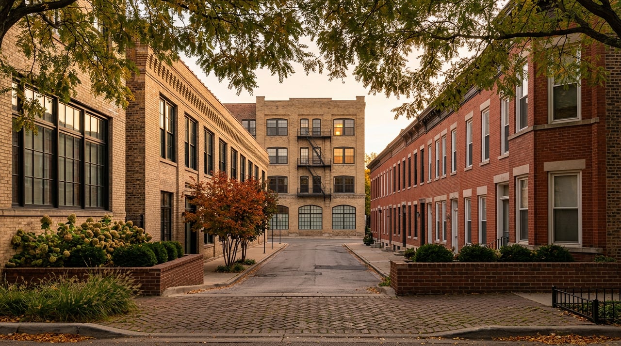Brick rowhouse street lined with golden autumn trees, ending at a taller loft with a black fire escape.