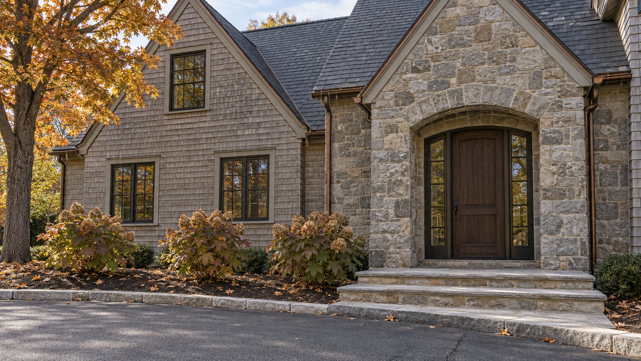 Stone and weathered-shingle estate entrance with paired sidelights, limestone steps and amber autumn planting beside a curved drive.