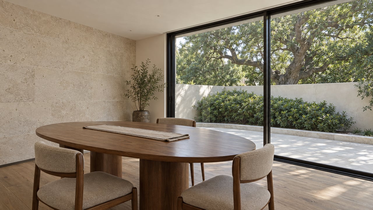 Walnut dining table and upholstered chairs beside a glazed wall overlooking a garden tree and clipped shrub.