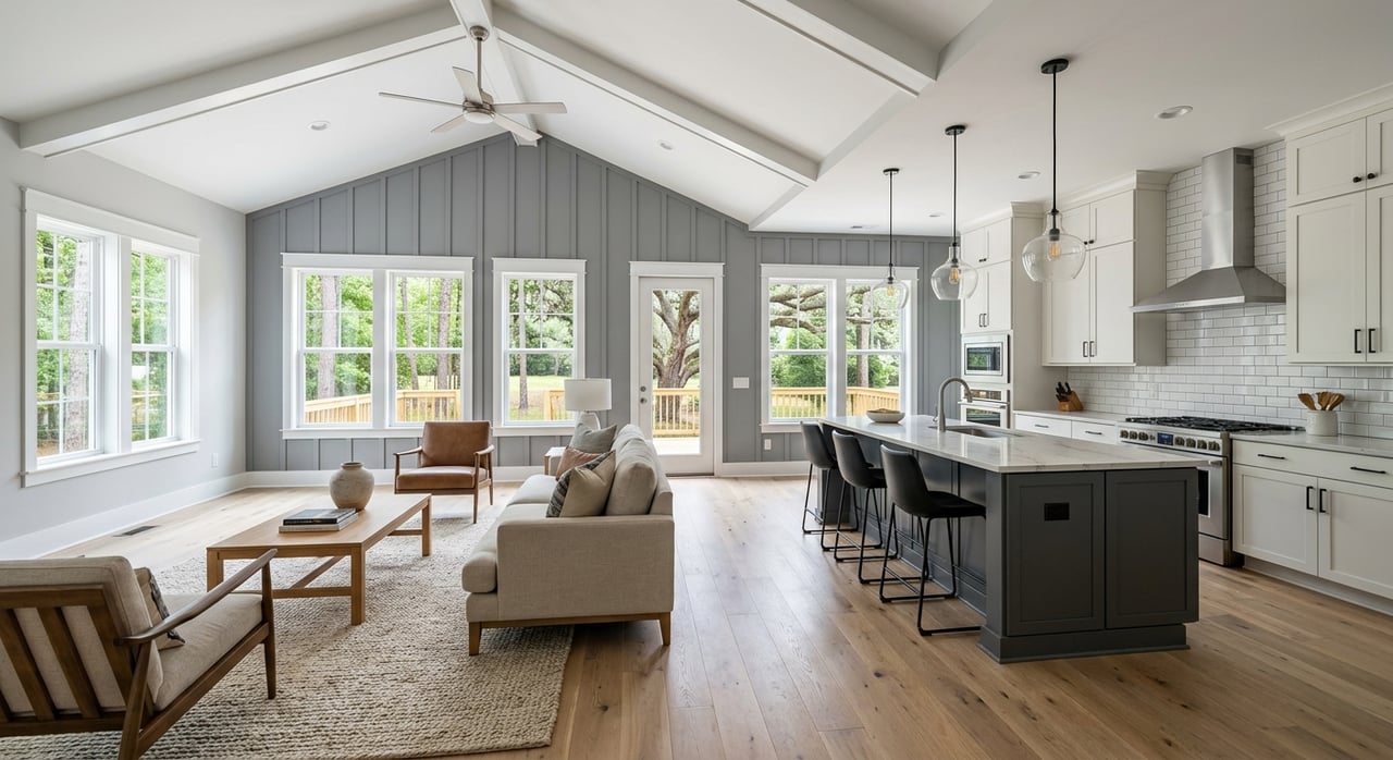 Open-plan room with kitchen island, oak floors, vaulted beams, and fiddle-leaf fig by patio doors.
