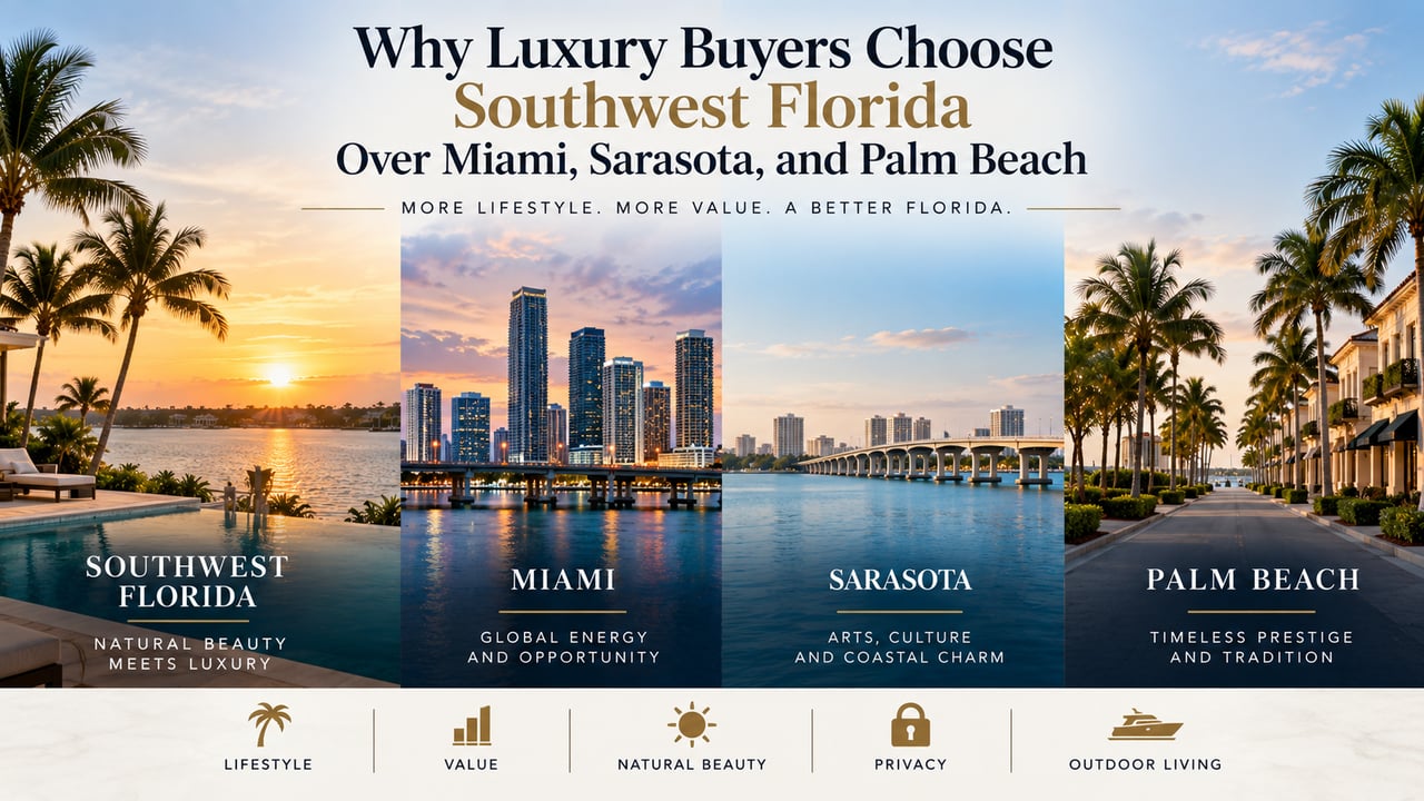 Luxury Florida real estate comparison featuring Southwest Florida, Miami, Sarasota, and Palm Beach, highlighting SWFL’s waterfront lifestyle, natural beauty, privacy, value, and outdoor living for luxury home buyers.