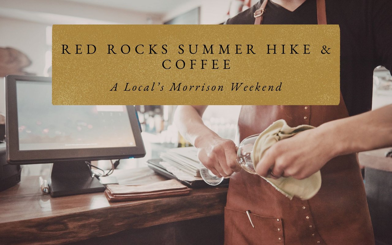 Cozy coffee shop in Morrison with wooden tables, people in hiking gear holding mugs, and a barista working behind the counter.
