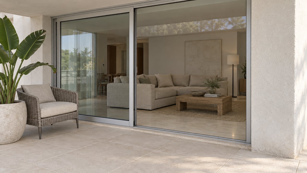 Covered condominium terrace with ivory tile, closed glass doors and a softly lit living room beyond.