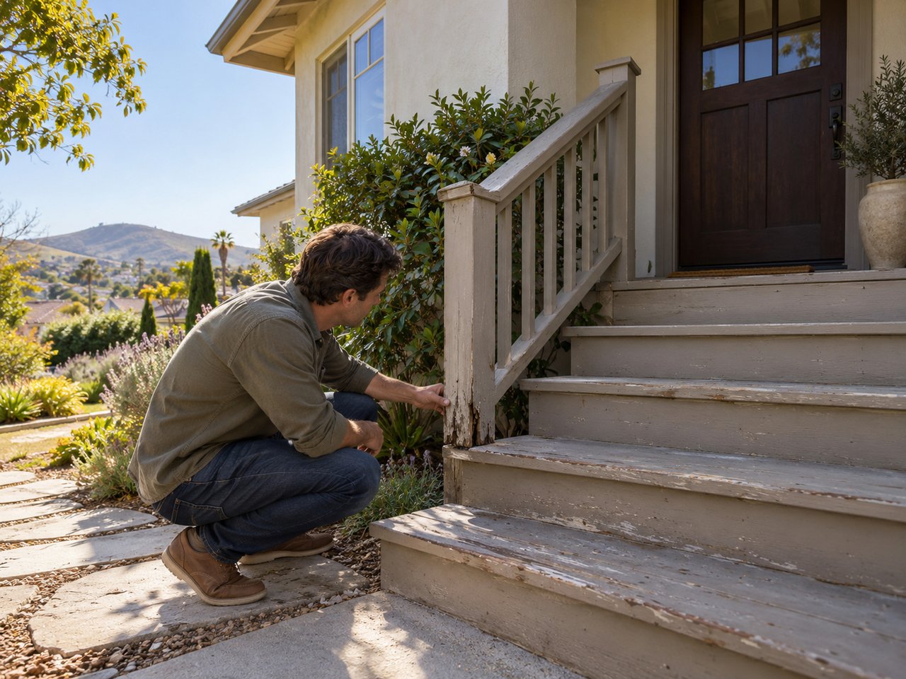 A buyer examines a functional exterior stair repair while cosmetic landscaping and paint remain secondary priorities.