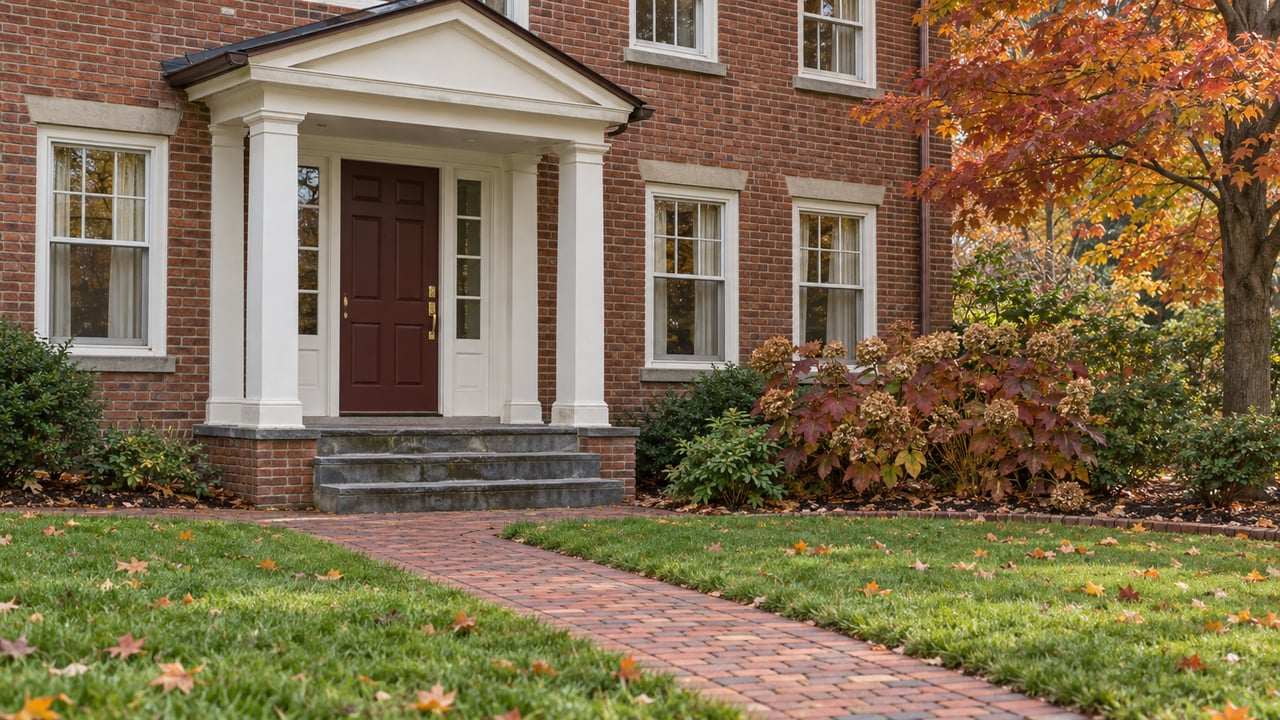 Autumn lawn and brick walk leading to a white timber porch on an established red-brick house, with amber maple leaves and burgundy oakleaf hydrangeas.