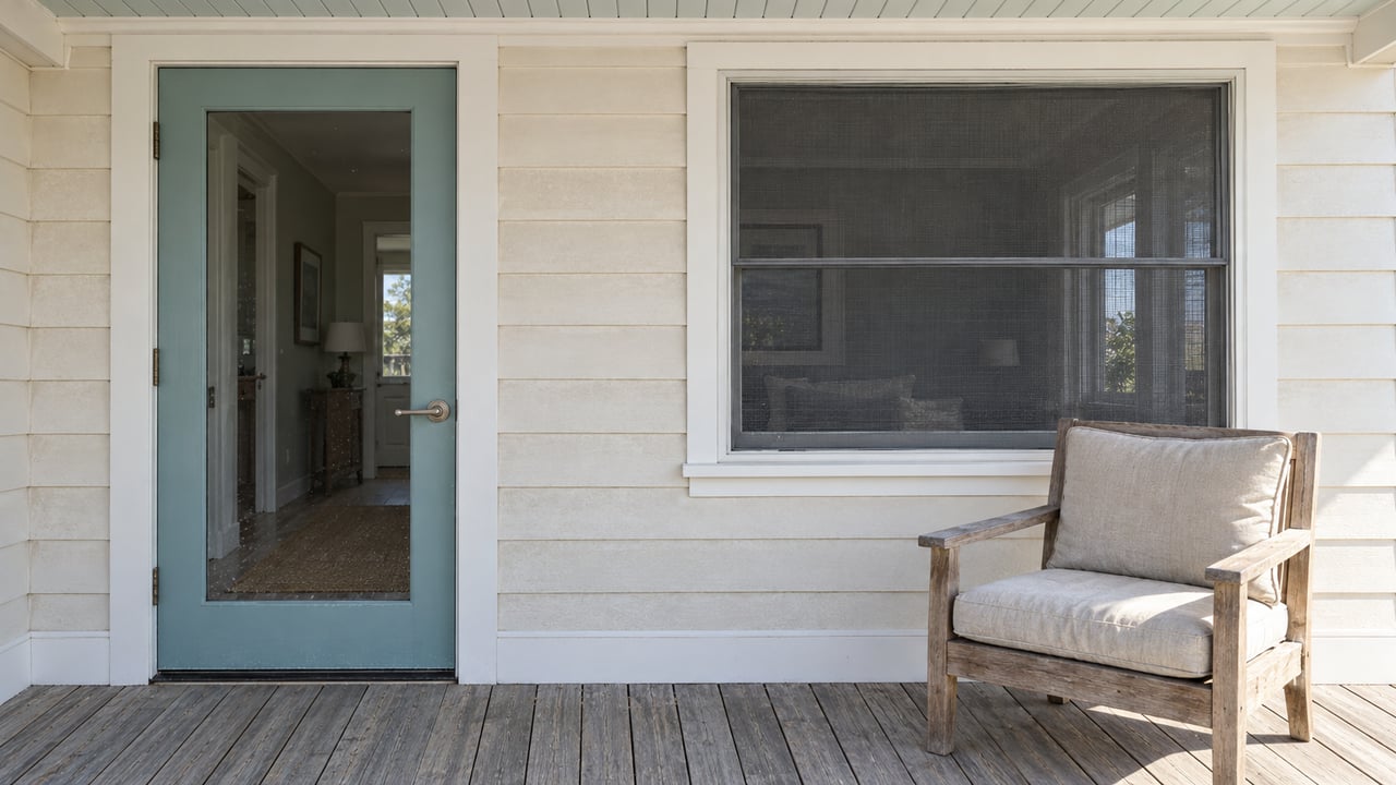 Close view of a raised coastal home's ivory siding, blue-green glazed door, screened window and weathered teak porch chair.