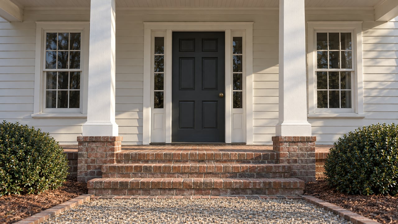Sunlight crosses the brick steps and white timber columns of a traditional clapboard home's recessed front entrance.