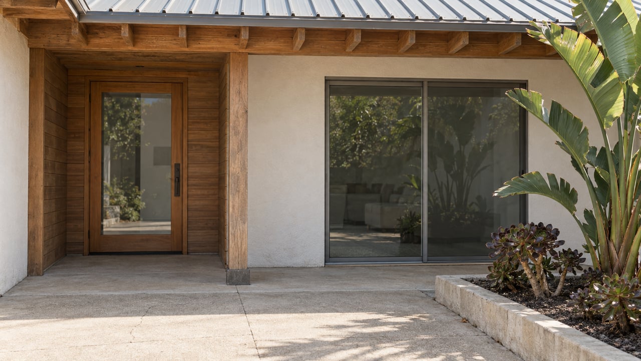 Sunlit courtyard entry with weathered timber eaves, white stucco, closed glass doors and sculptural planting in a raised concrete bed.