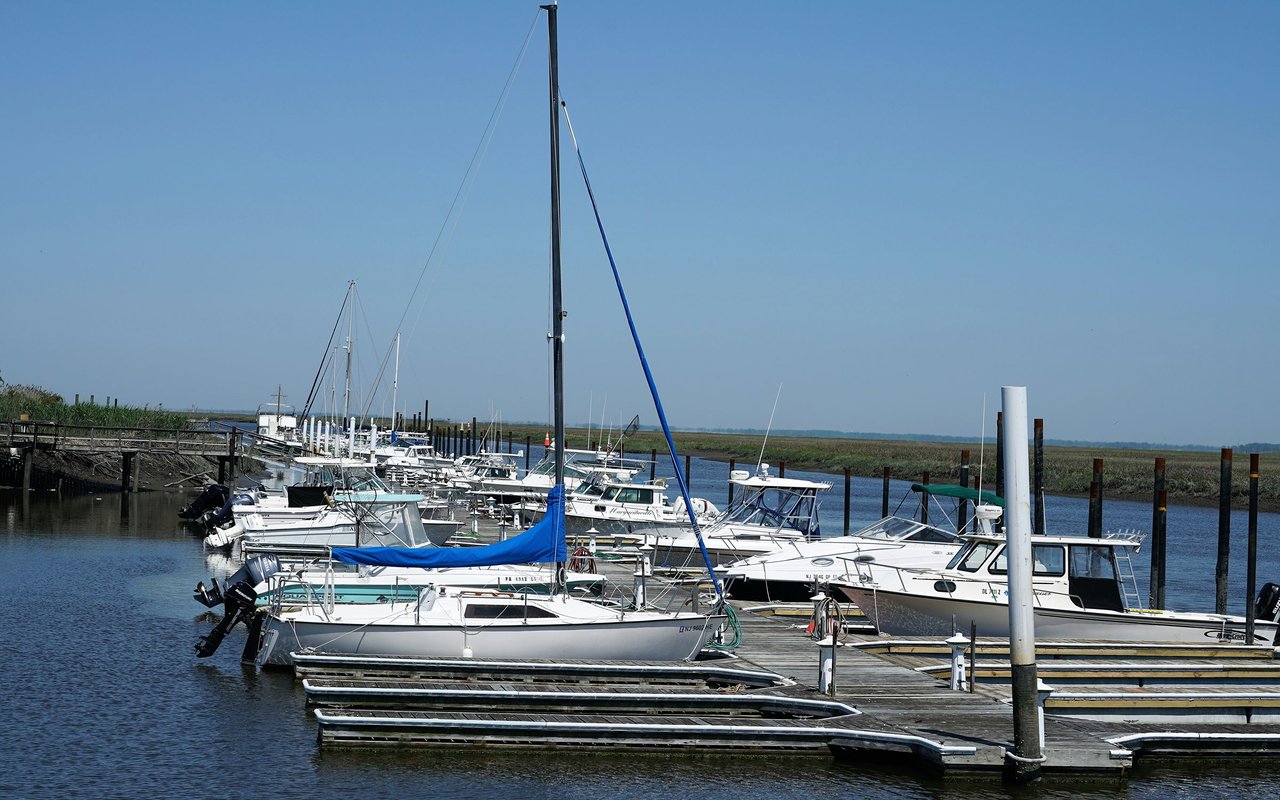 Boats moored at a marina, with wooden docks and marshland across the water.