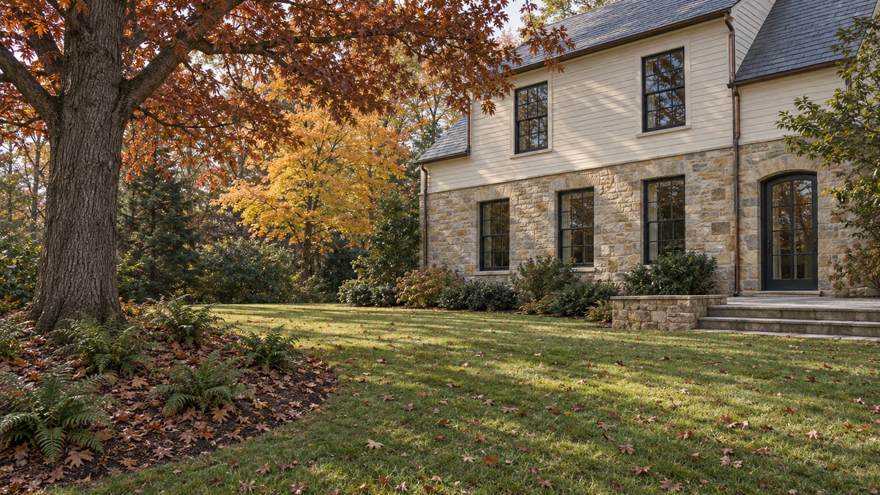 Traditional sandstone and ivory-sided home beyond a broad autumn lawn, with russet oak foliage and fallen leaves retained in a curved fern bed.