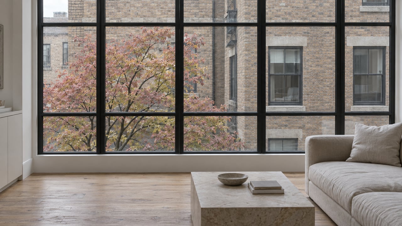 Black steel-grid windows frame a nearby buff-brick building and a tree with early autumn leaves.
